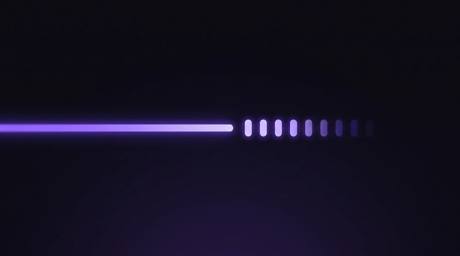 A single sustained beam of light held steady against a dark field, beside a row of separate pulses that fade before they reach it.