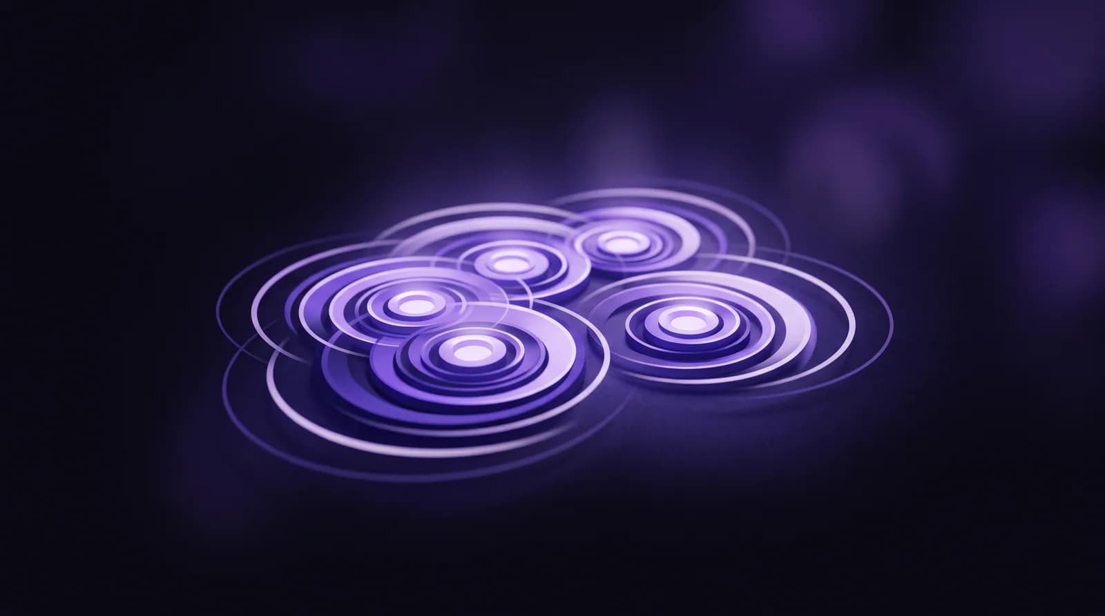 A cluster of luminous impacts landing near one another with soft rings spreading outward, suggesting repeated clicking that never falls into an exact rhythm.