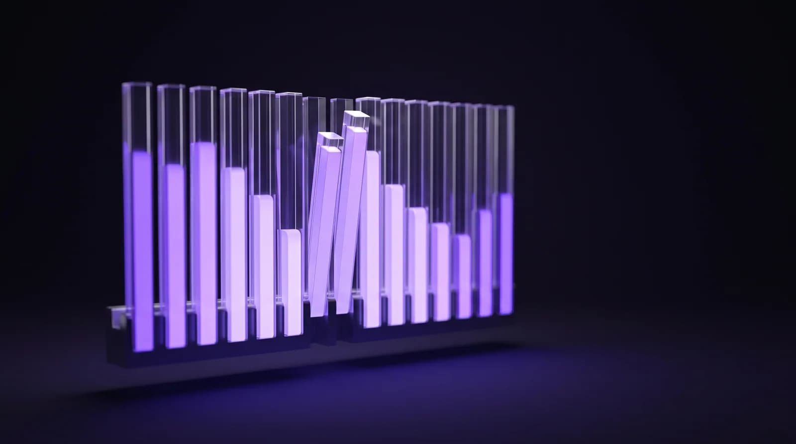 A row of luminous key-like bars depressing in sequence, each held for a slightly different length of time so the line running along the row rises and falls.