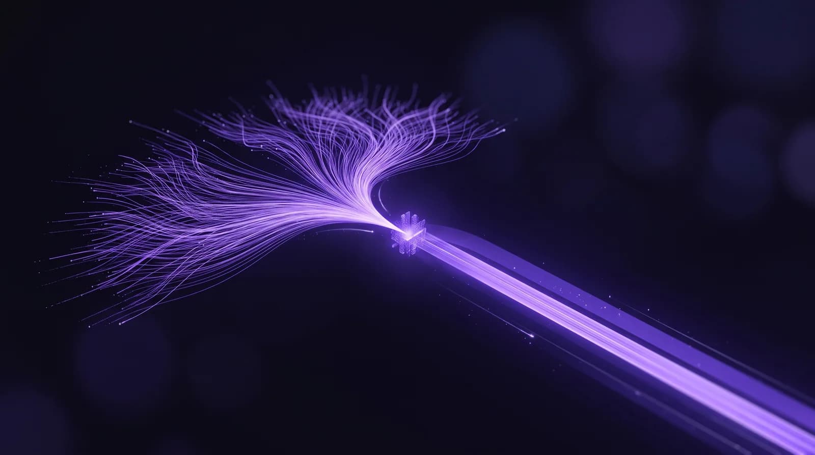 Two paths of light leaving the same point — one branching into many fine threads, the other running as a single clear line.