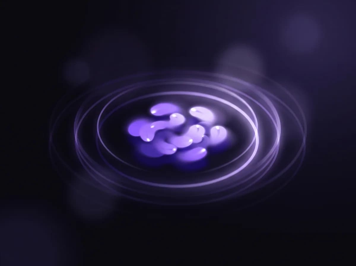 Abstract illustration: one point struck repeatedly, each impact landing a fraction apart from the last so the marks form a soft cluster rather than a single drilled hole.